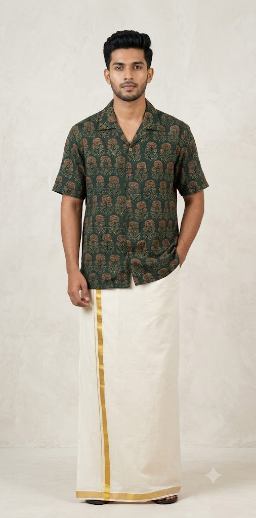 Ajrakh handblock printed Cuban colar shirts in pure modal silk