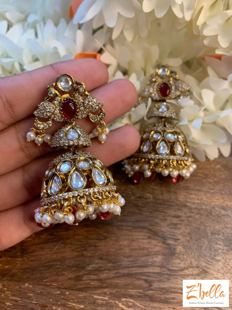 Ad And Kundan Stone Jhumka Earrings Gold Tone