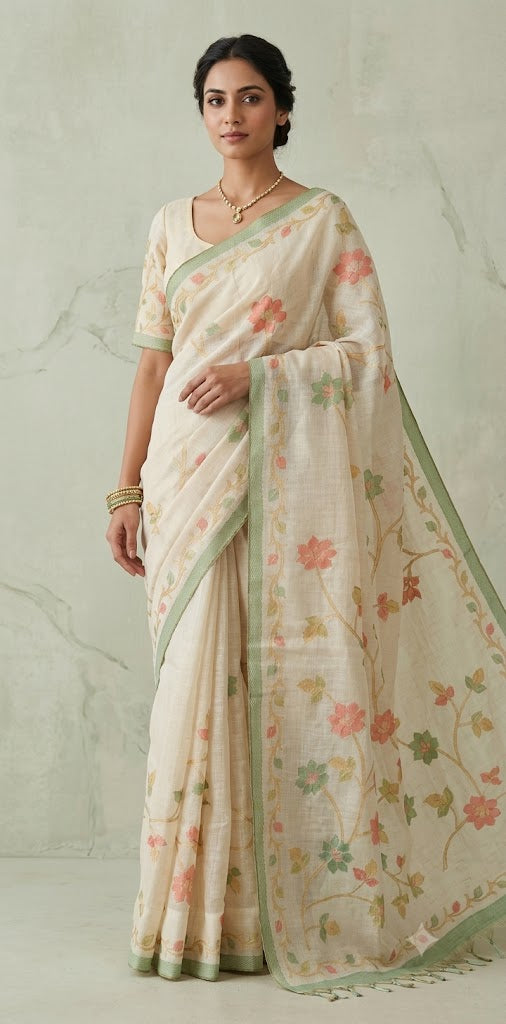 Printed Tissue linen saree with thread work, and stitched blouse