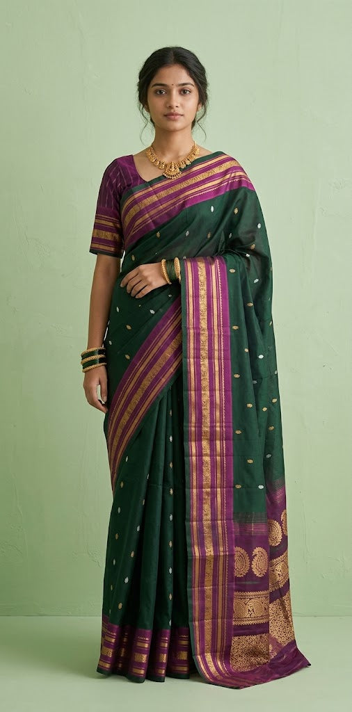 Handloom pure silk cotton green gadwal silk saree with stitched blouse