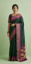 Handloom pure silk cotton green gadwal silk saree with stitched blouse