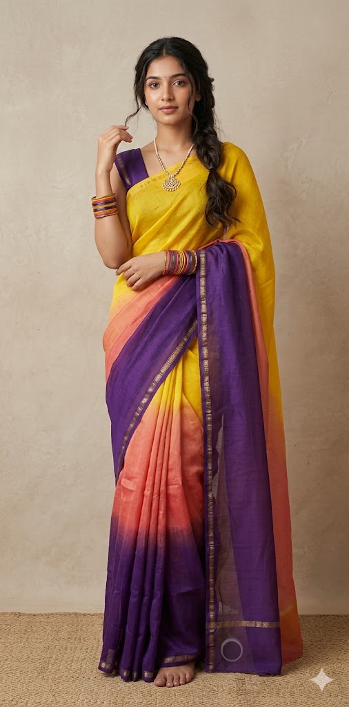 Chanderi cotton silk multi shaded saree, with BP