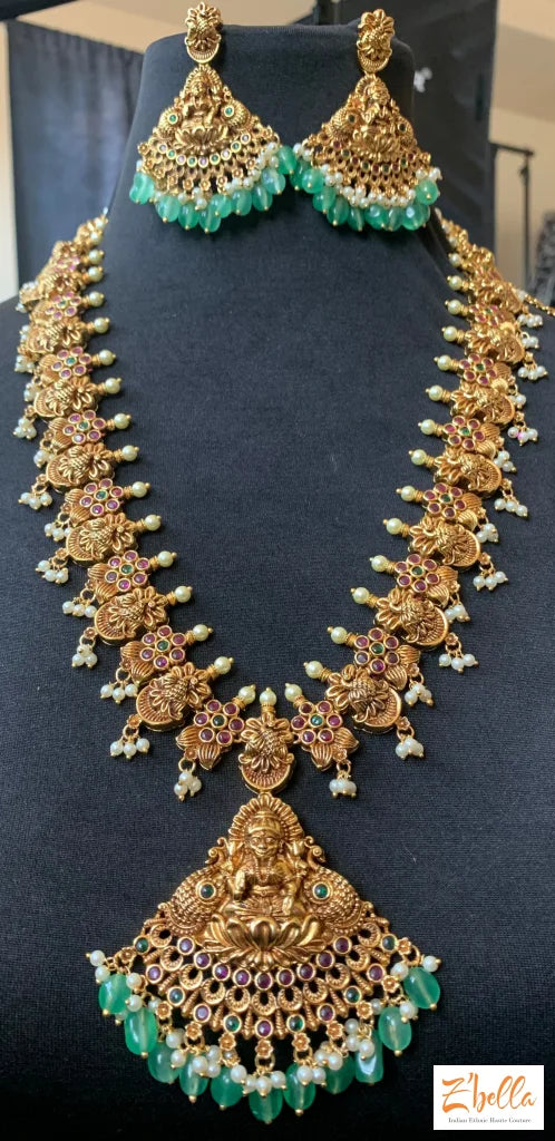 Antique Finish Kemp Stone Long Necklace Lakshmi Pendent And Earring Necklace