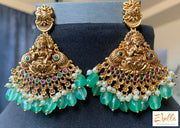 Antique Finish Kemp Stone Long Necklace Lakshmi Pendent And Earring Necklace