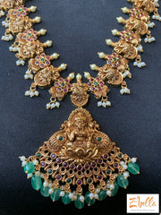 Antique Finish Kemp Stone Long Necklace Lakshmi Pendent And Earring Necklace