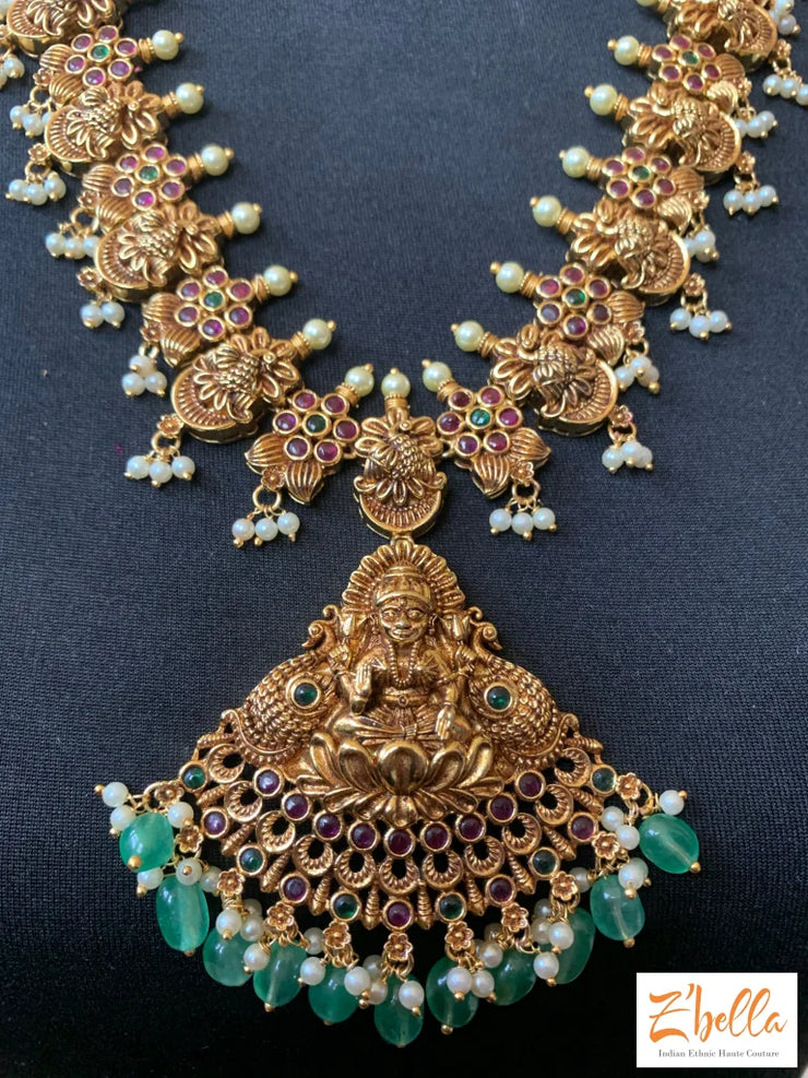 Antique Finish Kemp Stone Long Necklace Lakshmi Pendent And Earring Necklace