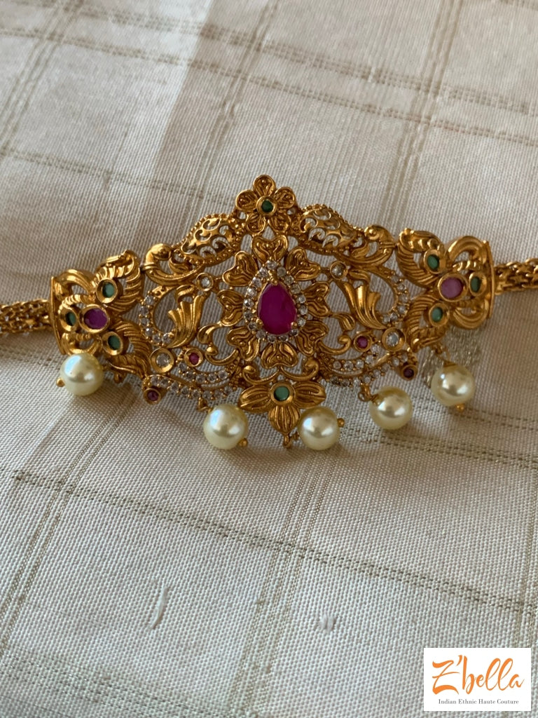 Armlt With Red And White Stone Pearl Hanging Armlet