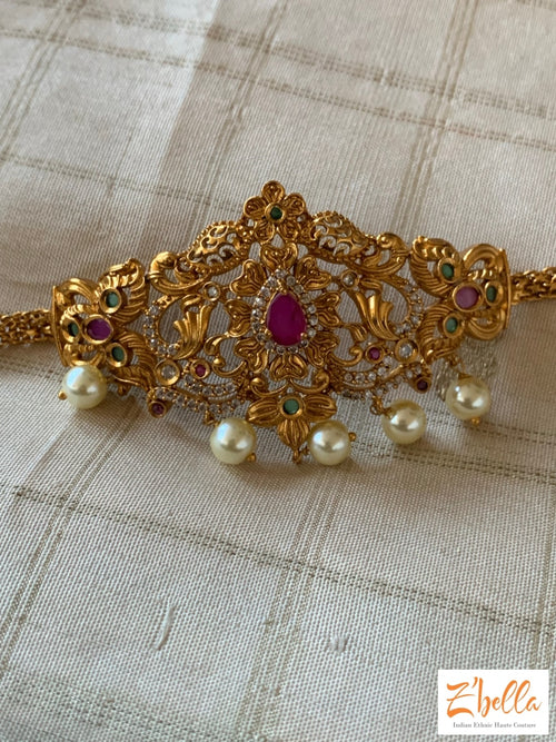 Armlt With Red And White Stone Pearl Hanging Armlet