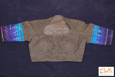 Ash Brown Cotton Blouse With Kantha Work Blouse