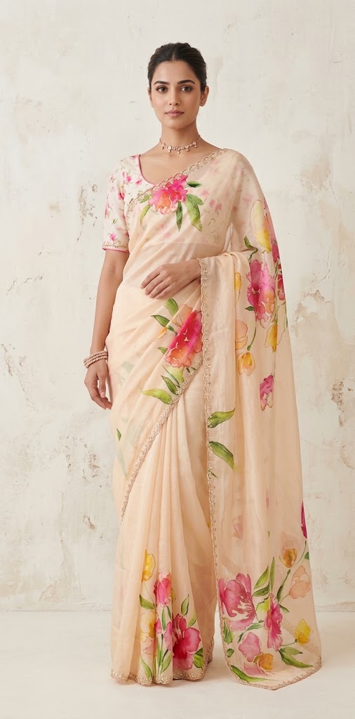 Crepe digital Printed saree with bead work and stitched blouse