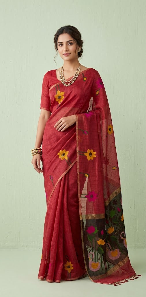 Pure silk linen saree with jamdani weave and stitched blouse