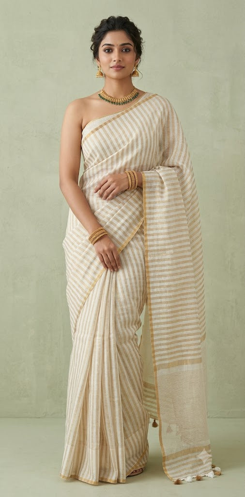 Linen saree with gold stripes