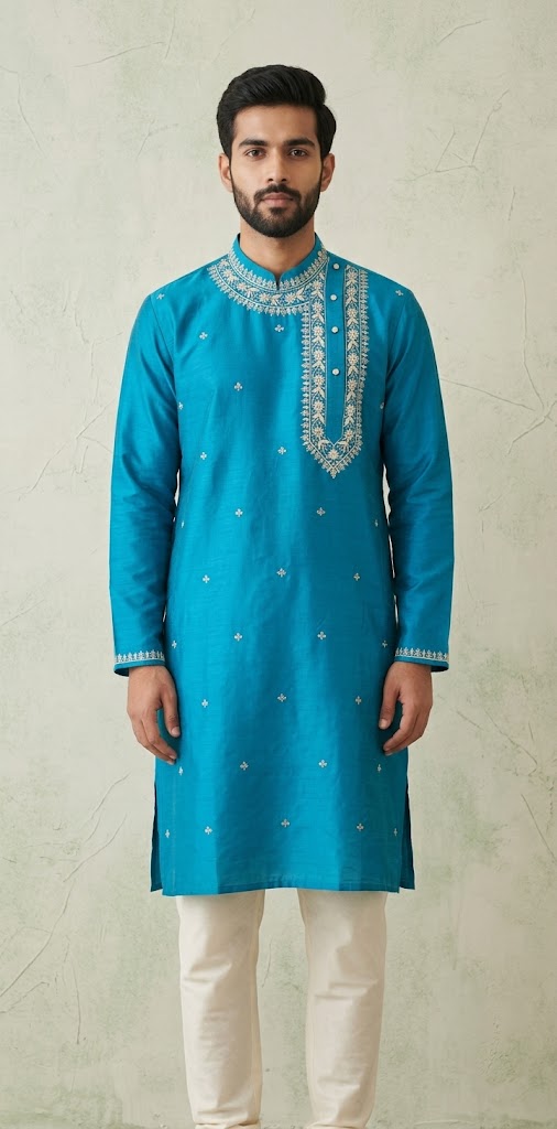Blue cotton silk kurta with side neck open and emroidery