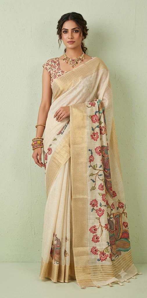 Tissue linen saree with kalamkari patch work , with BP