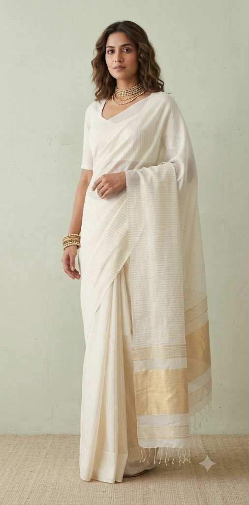 Off white pure cotton handloom saree with gold line
