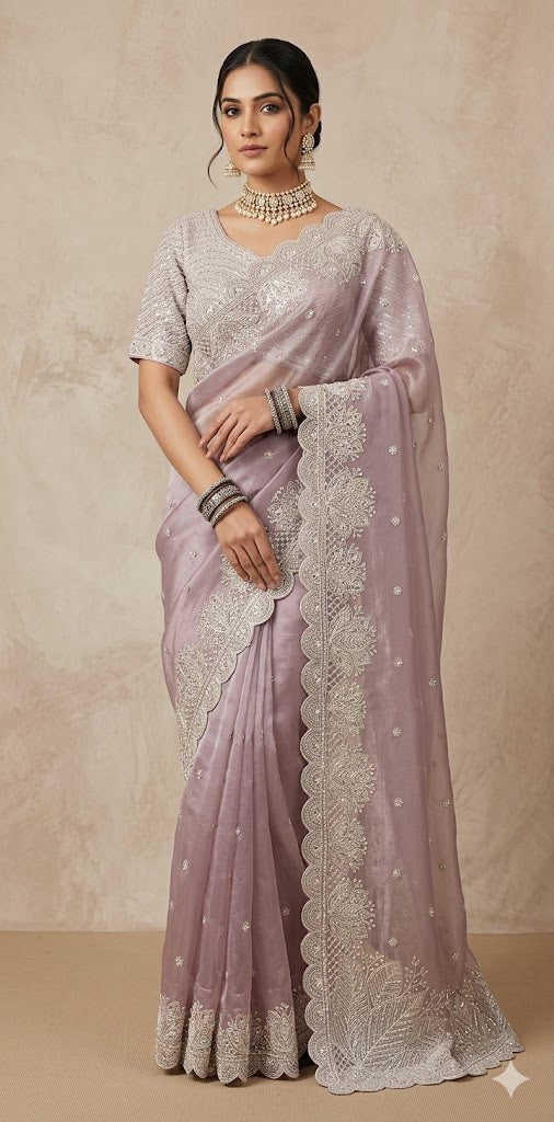 Lilac designer saree with stitched blouse and under skirt