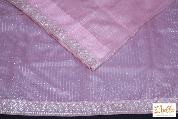 Baby Pink Organza Silk Saree With Sequins And Bead Work Stitched Blouse Saree