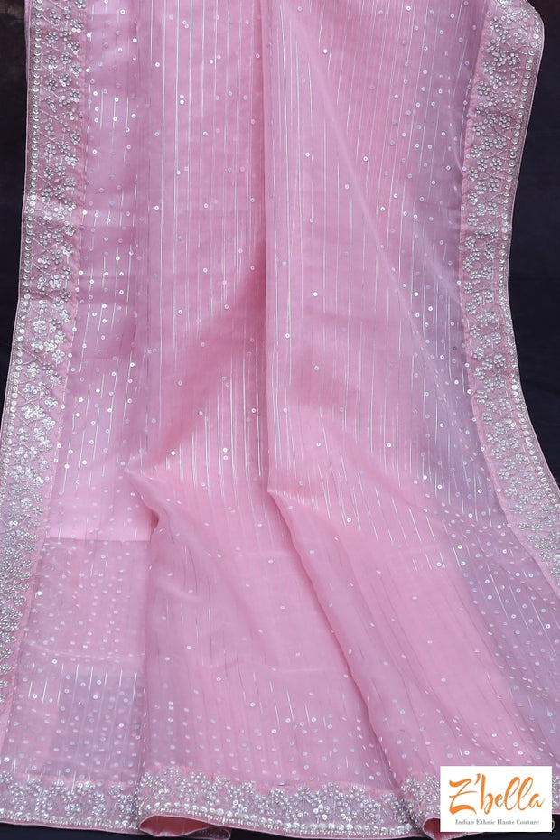 Baby Pink Organza Silk Saree With Sequins And Bead Work Stitched Blouse Saree