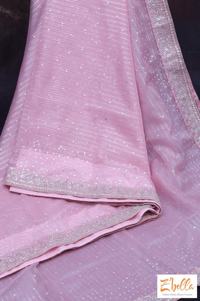 Baby Pink Organza Silk Saree With Sequins And Bead Work Stitched Blouse Saree