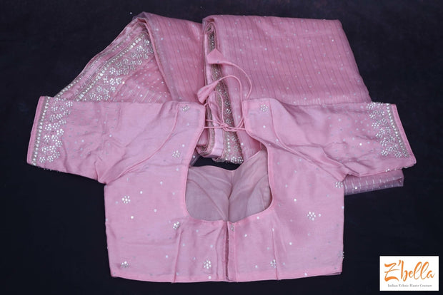 Baby Pink Organza Silk Saree With Sequins And Bead Work Stitched Blouse Saree