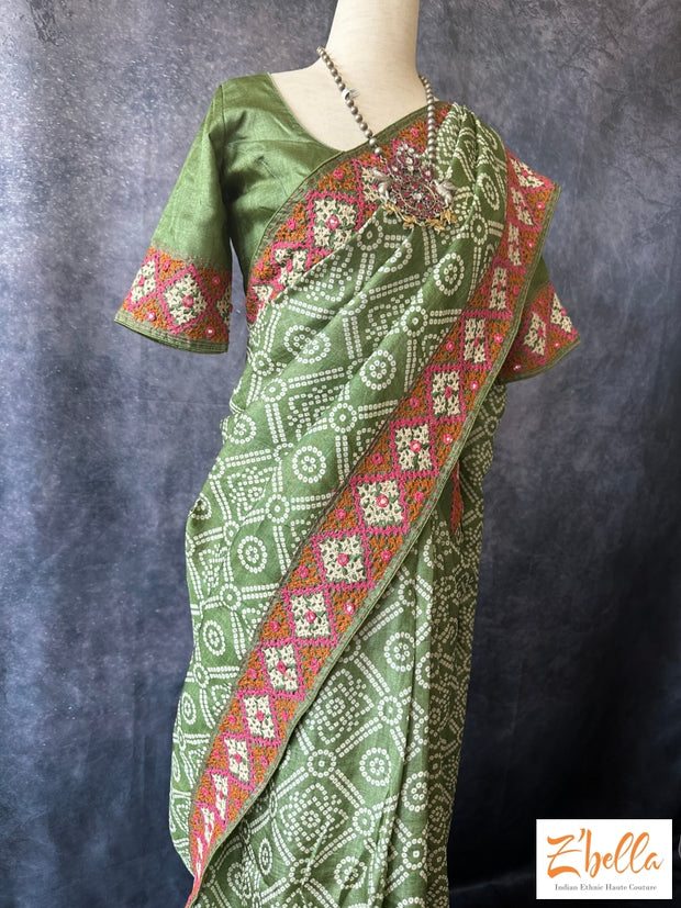 Bandini Printed Olive Green Tussar Silk Saree With Kutch Owrk Stiched Blouse Saree