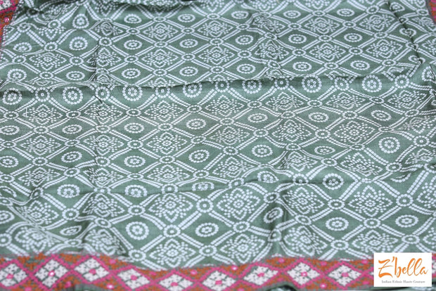 Bandini Printed Olive Green Tussar Silk Saree With Kutch Owrk Stiched Blouse Saree