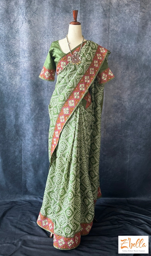 Bandini Printed Olive Green Tussar Silk Saree With Kutch Owrk Stiched Blouse Saree