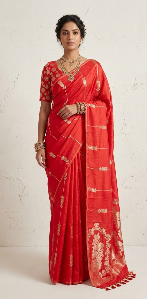 Red munga silk saree with stitched blouse