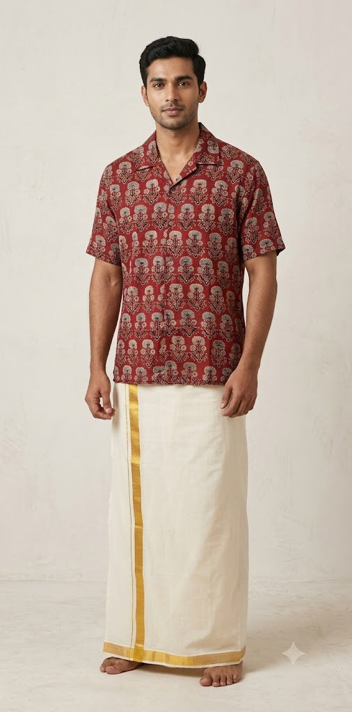 Ajrakh handblock printed Cuban colar shirts in pure modal silk