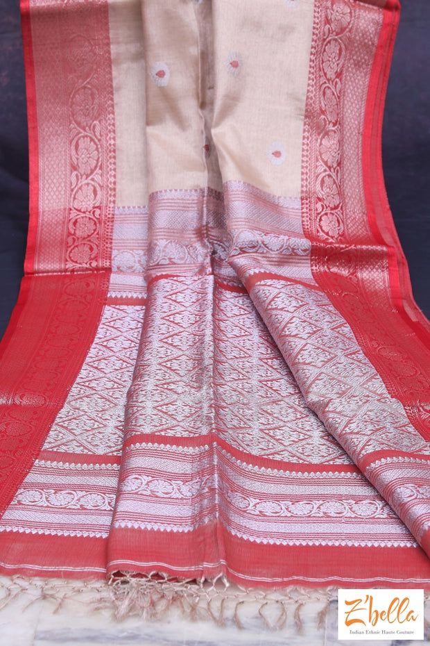 Beige And Red Soft Cotton Tissue Saree With Banarsi Border Stitched Blouse Saree