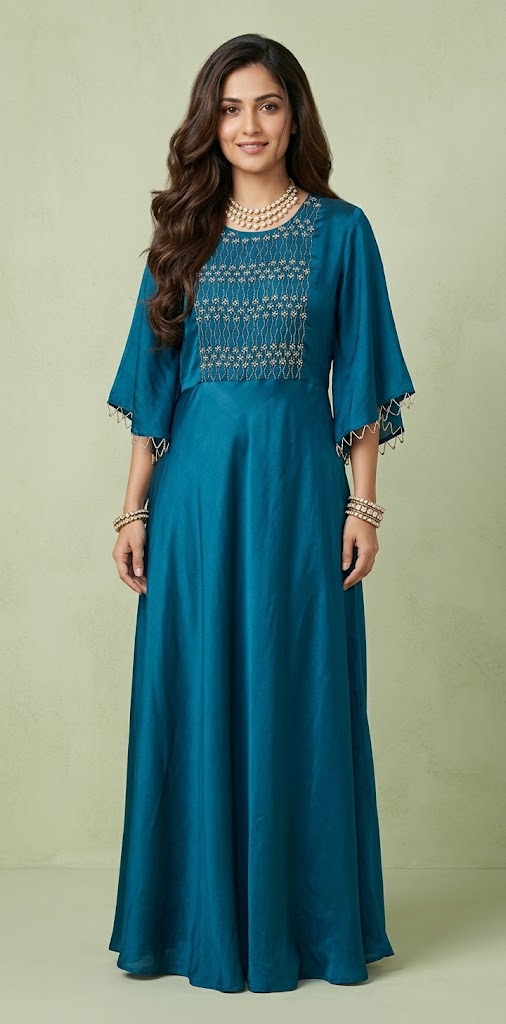 Blue gown with sleeve pattern and belt