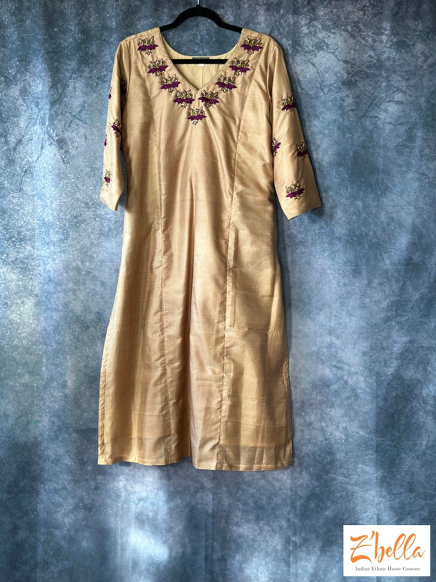 Biscut Color Silk Kurti With Hand Embroidery Kurti Set
