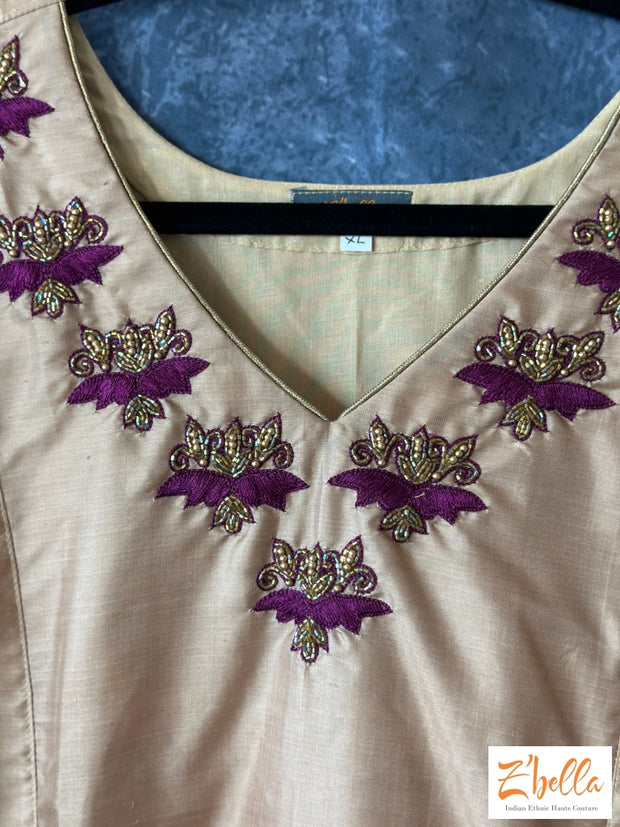 Biscut Color Silk Kurti With Hand Embroidery Kurti Set