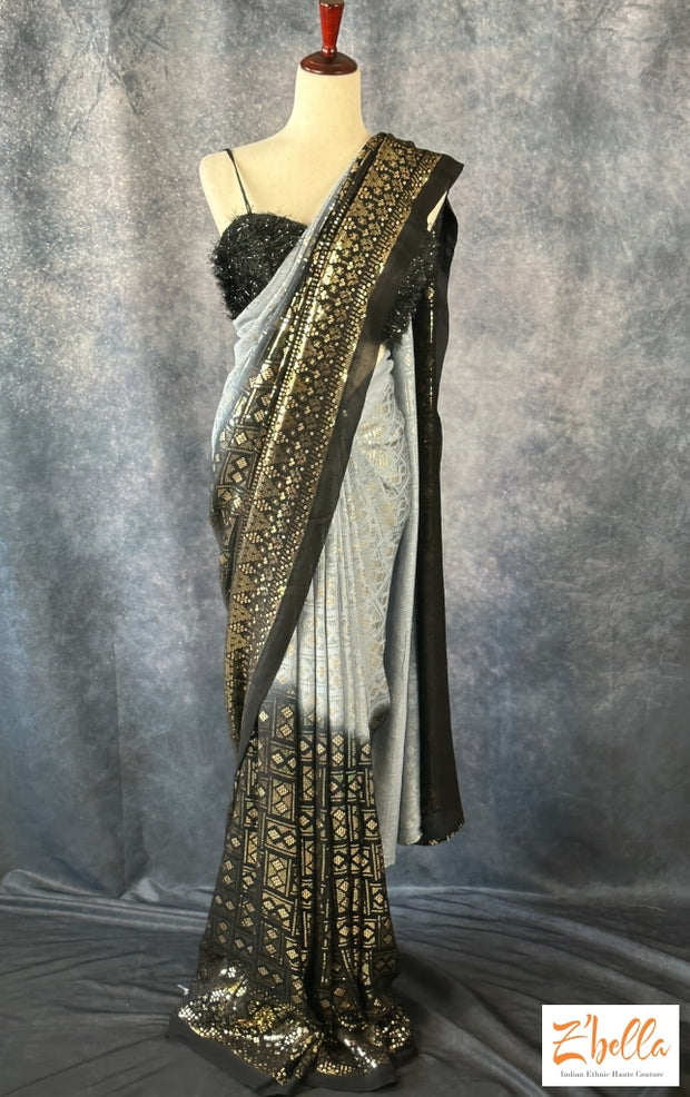 Black And Grey Sequins Saree Saree