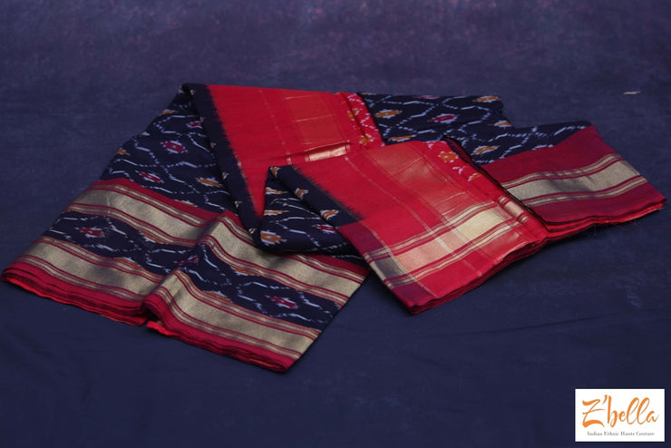 Black And Red Ikkat Cotton Sareee With Stitched Blouse Saree