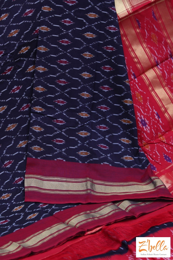 Black And Red Ikkat Cotton Sareee With Stitched Blouse Saree