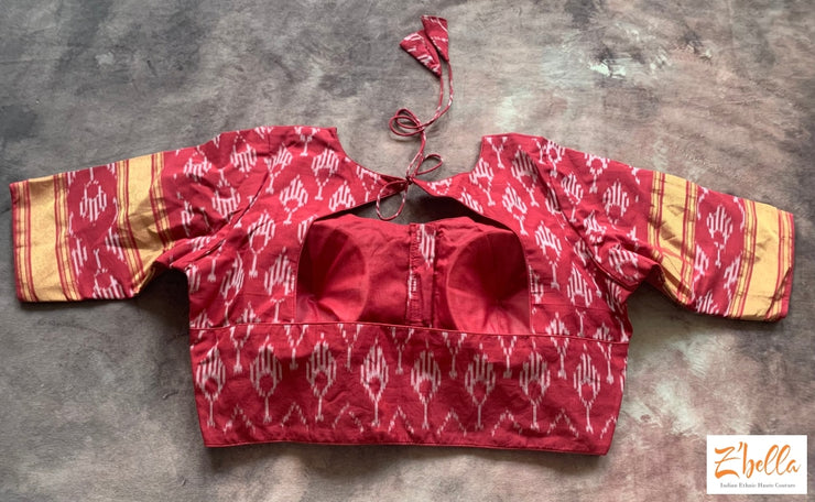 Black And Red Ikkat Cotton Sareee With Stitched Blouse Saree