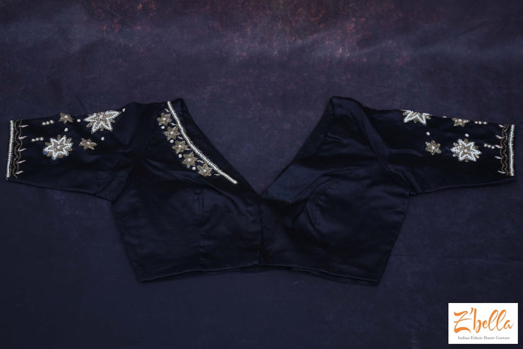 Black Color Silk Blouse With Handwork Saree