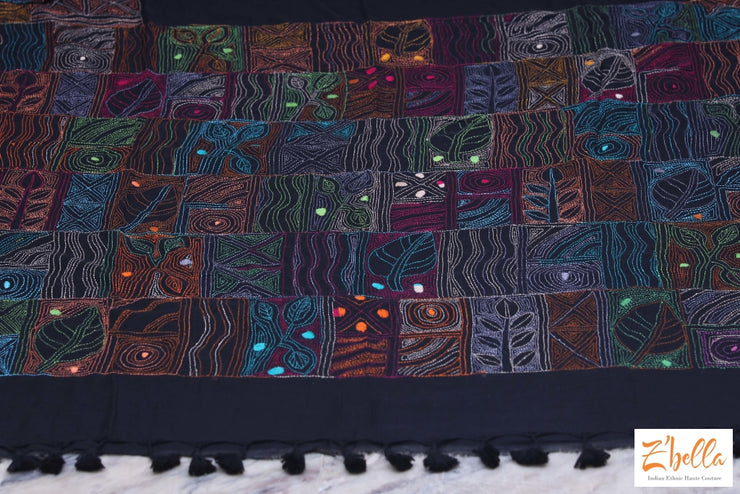 Black Cotton Saree With Kantha Work No Bp Saree