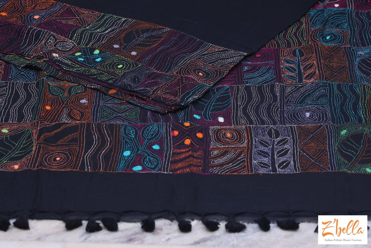 Black Cotton Saree With Kantha Work No Bp Saree
