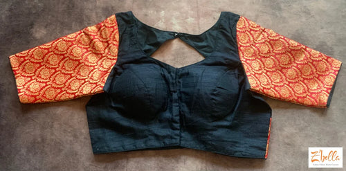 Black Raw Silk Blouse With Red Brocade Sleeves Blouse