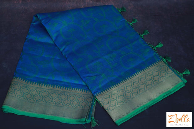 Blue Abd Green Combo Pure Kora Silk Saree With Jamdani Weave Stitched Blouse Saree