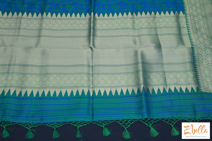 Blue Abd Green Combo Pure Kora Silk Saree With Jamdani Weave Stitched Blouse Saree