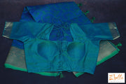 Blue Abd Green Combo Pure Kora Silk Saree With Jamdani Weave Stitched Blouse Saree