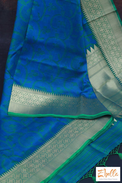 Blue Abd Green Combo Pure Kora Silk Saree With Jamdani Weave Stitched Blouse Saree