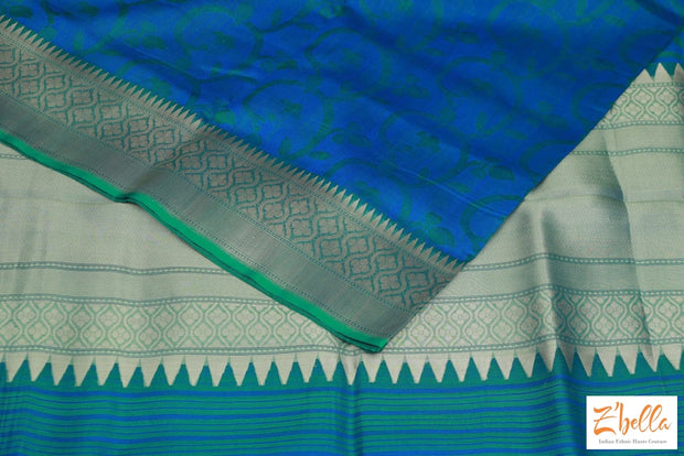 Blue Abd Green Combo Pure Kora Silk Saree With Jamdani Weave Stitched Blouse Saree
