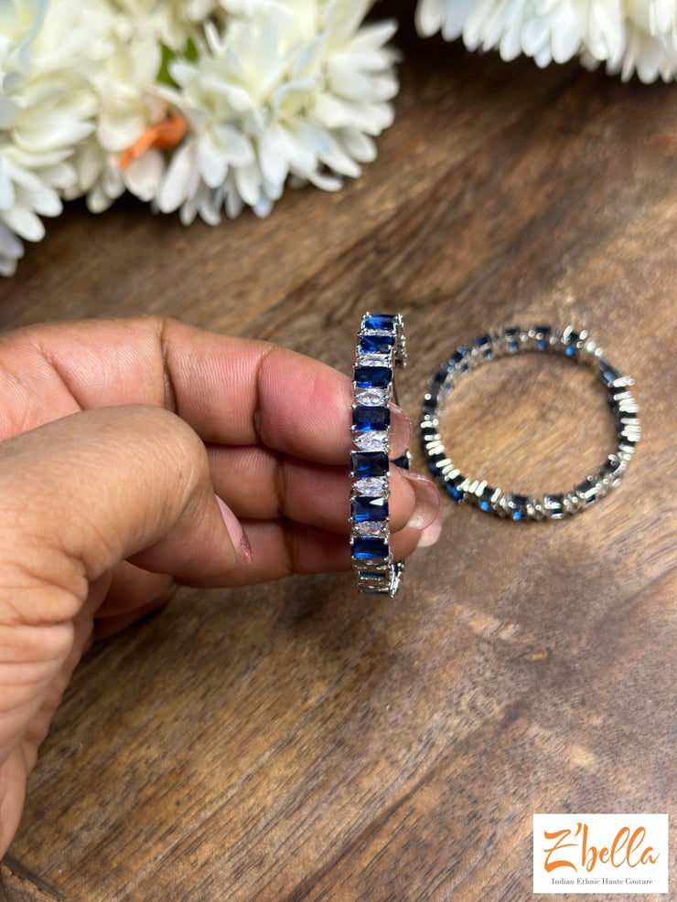 Blue Ad Stone Hoop Earrings Silver Tone
