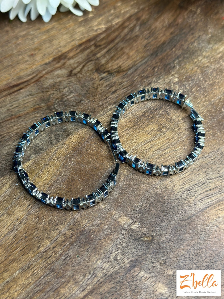 Blue Ad Stone Hoop Earrings Silver Tone
