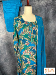 Blue And Green Printed Chiffon Kurti With Bottom Dupatta Kurti Set