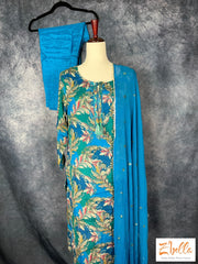 Blue And Green Printed Chiffon Kurti With Bottom Dupatta Kurti Set